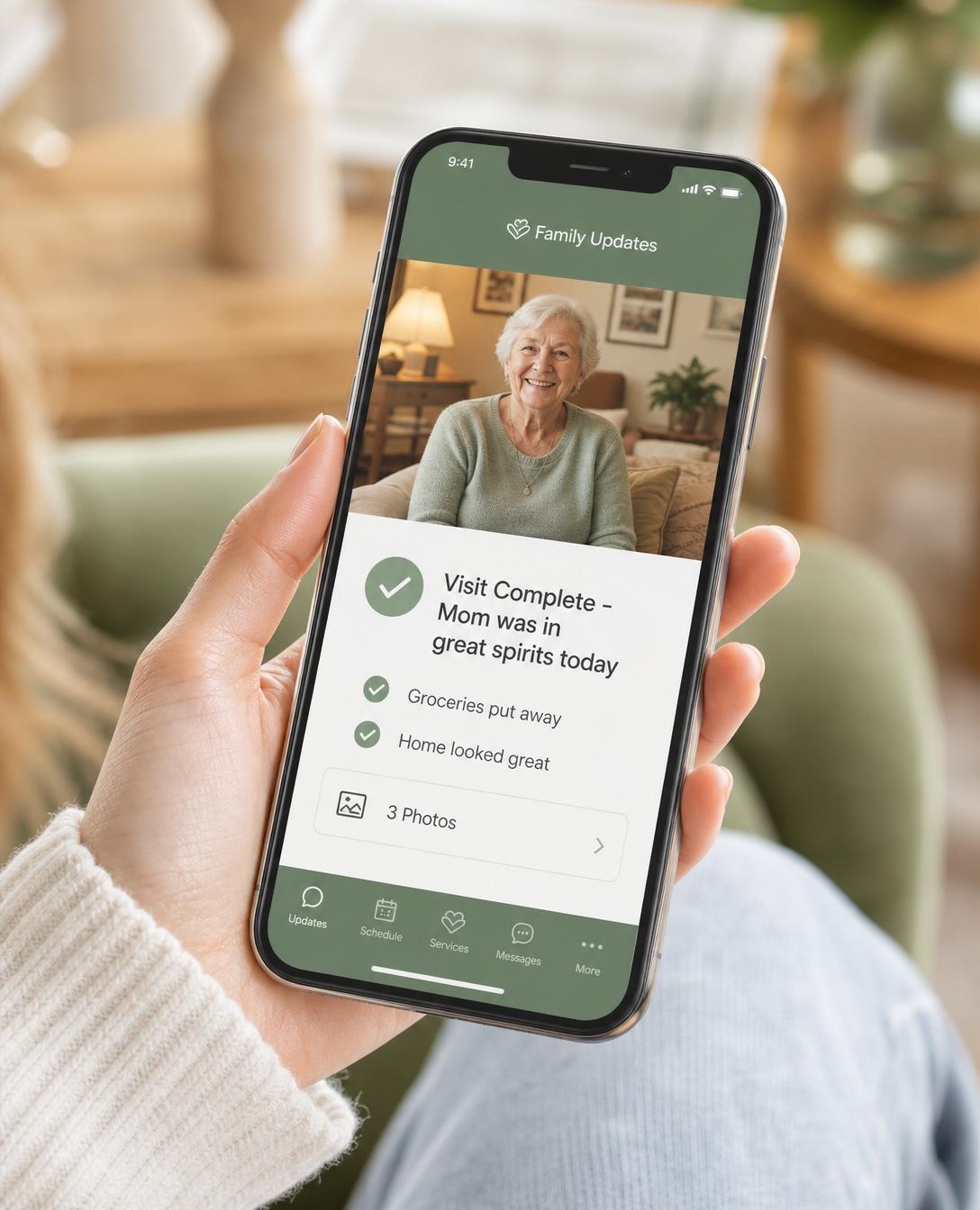 Adult daughter receiving a visit update from the Grandma's Helper family app on her phone